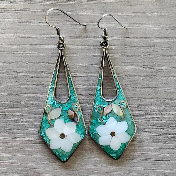 Vintage Alpaca Silver Dangle Earrings with Crushed Turquoise and Mother of Pearl